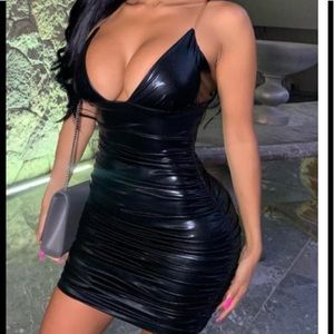 SXY Spaghetti Strap Fold Design Black PU Mini Dress